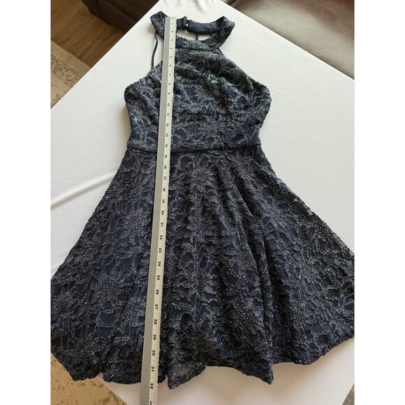 B Smart Women's Jr 3 Navy Blue Glitter Halter Skater Party Mini Dress Whimsigoth - Picture 10 of 11